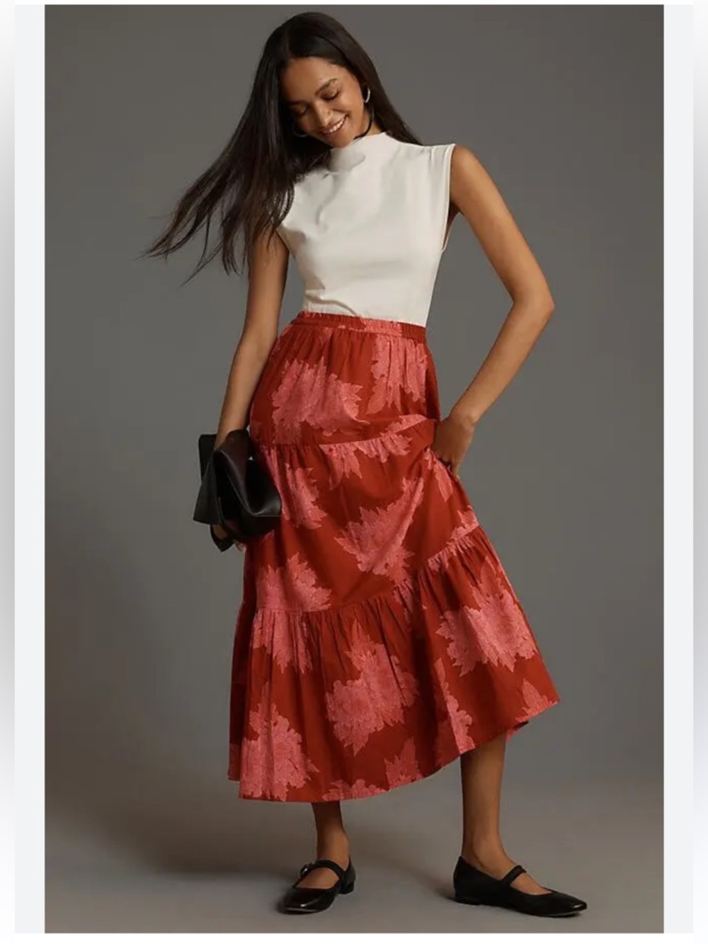 NWT Mille Anthropologie Paola Ruffle Maxi Skirt in Red Floral size Small